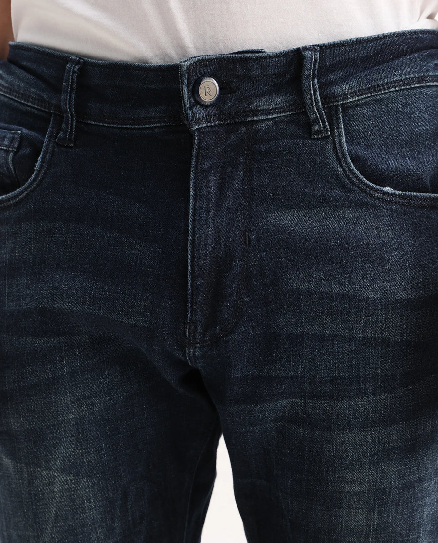 Rare Rabbit Men's Deigo Dark Blue Cotton Plain Hawk Slim Fit Jeans