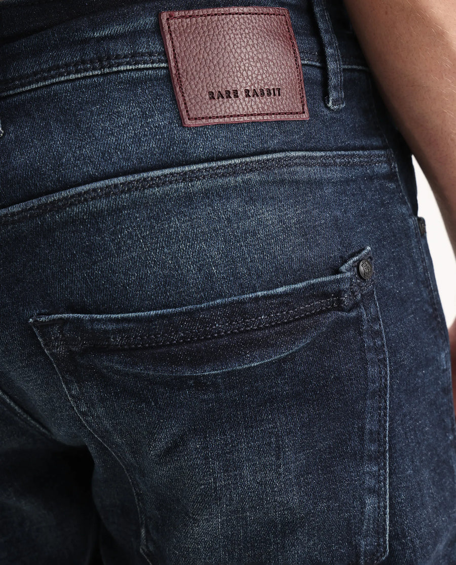 Rare Rabbit Men's Deigo Dark Blue Cotton Plain Hawk Slim Fit Jeans