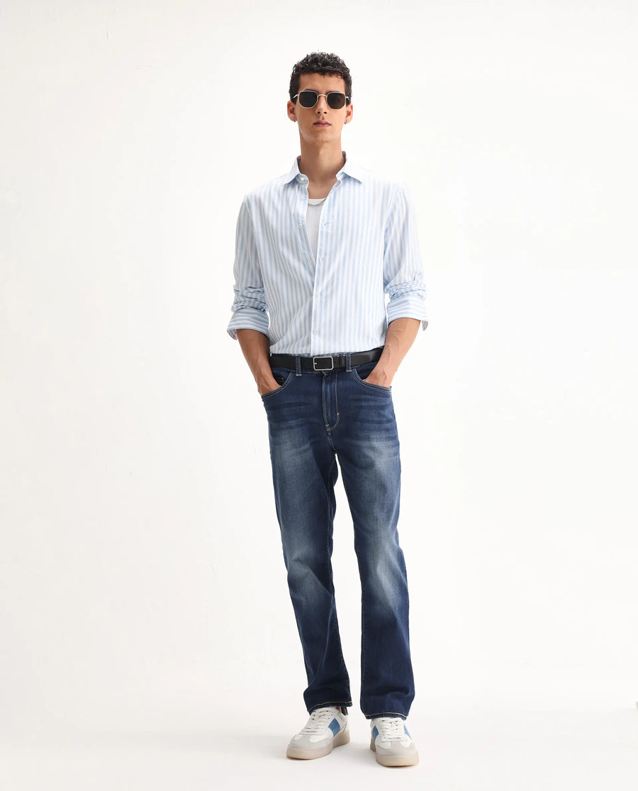 Rare Rabbit Men's Dieme Blue Cotton Plain Morris Regular Fit Jeans