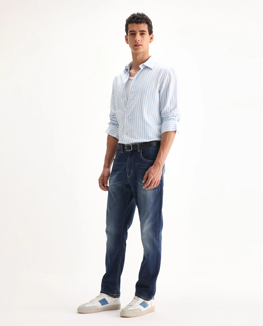 Rare Rabbit Men's Dieme Blue Cotton Plain Morris Regular Fit Jeans