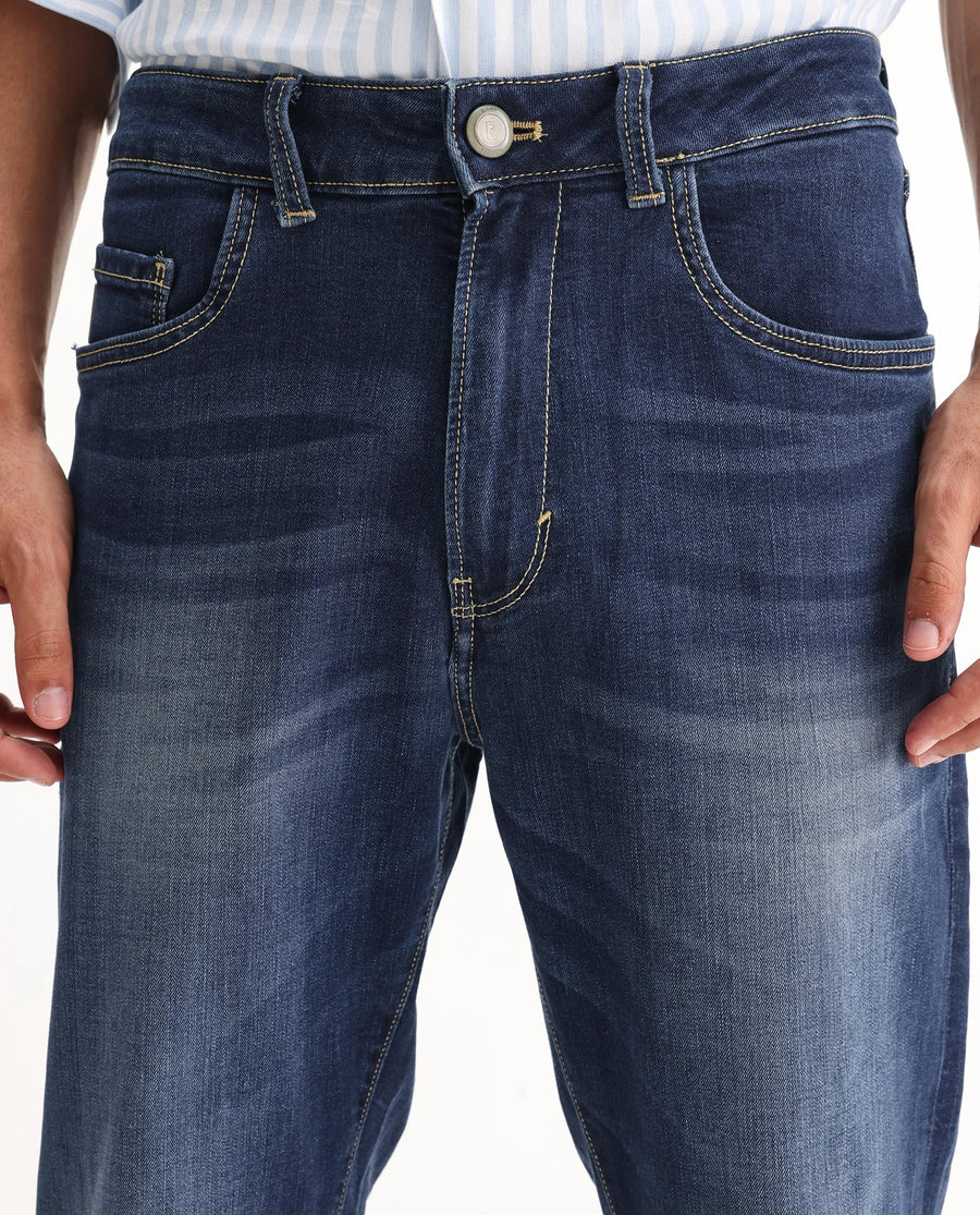 Rare Rabbit Men's Dieme Blue Cotton Plain Morris Regular Fit Jeans