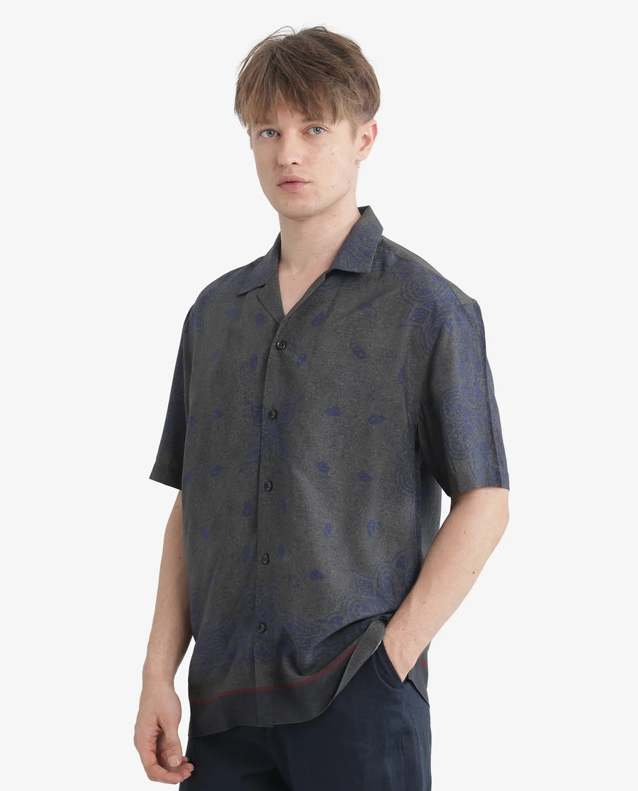 Rare Rabbit Men's Difo Green Viscose Printed Boxy Fit Half Sleeve Cuban Collar Shirt