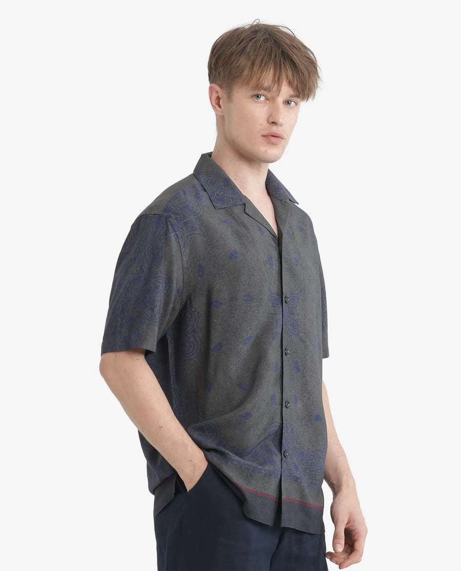 Rare Rabbit Men's Difo Green Viscose Printed Boxy Fit Half Sleeve Cuban Collar Shirt