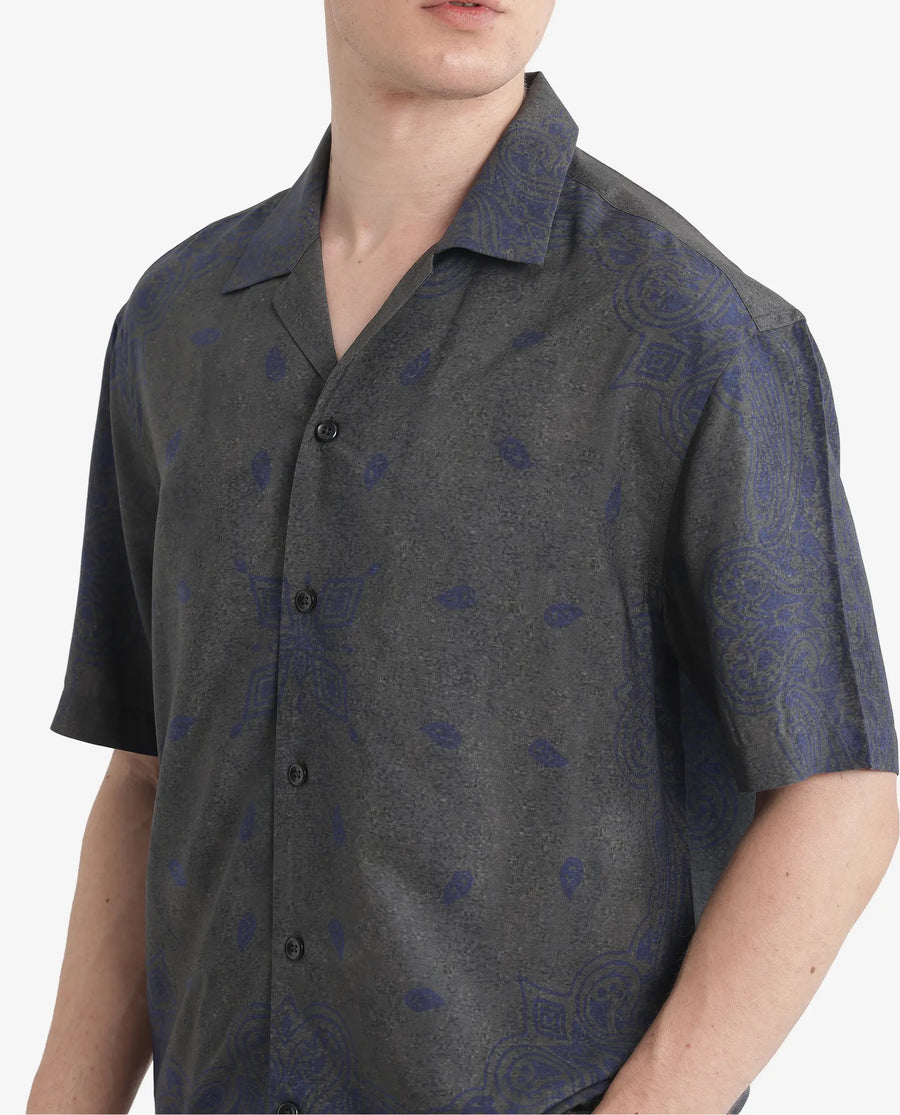 Rare Rabbit Men's Difo Green Viscose Printed Boxy Fit Half Sleeve Cuban Collar Shirt