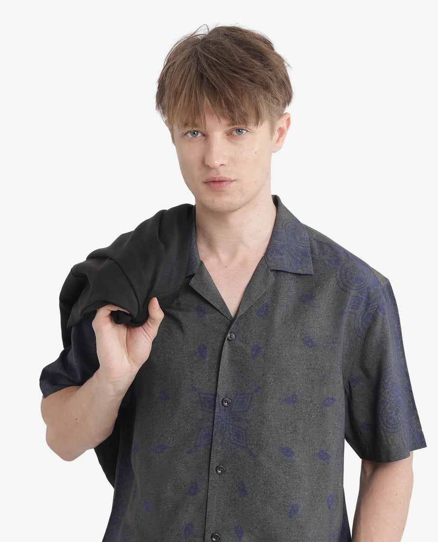 Rare Rabbit Men's Difo Green Viscose Printed Boxy Fit Half Sleeve Cuban Collar Shirt