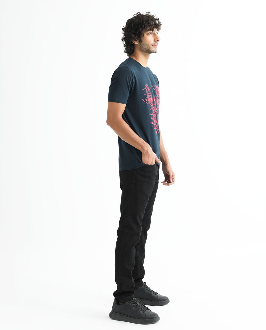 Rare Rabbit Men's Digiwaves 2 Navy Cotton Graphic Print Slim Fit Half Sleeve Crew Neck T-Shirt