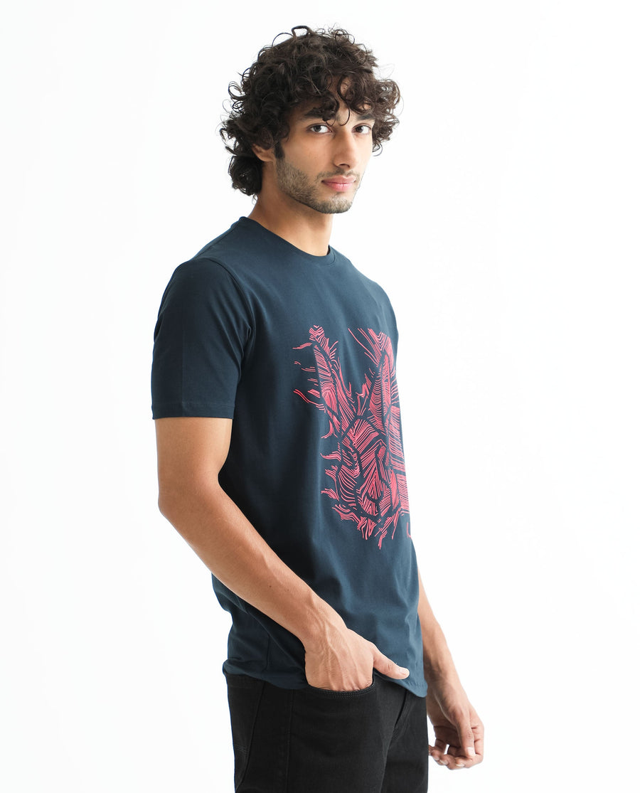 Rare Rabbit Men's Digiwaves 2 Navy Cotton Graphic Print Slim Fit Half Sleeve Crew Neck T-Shirt