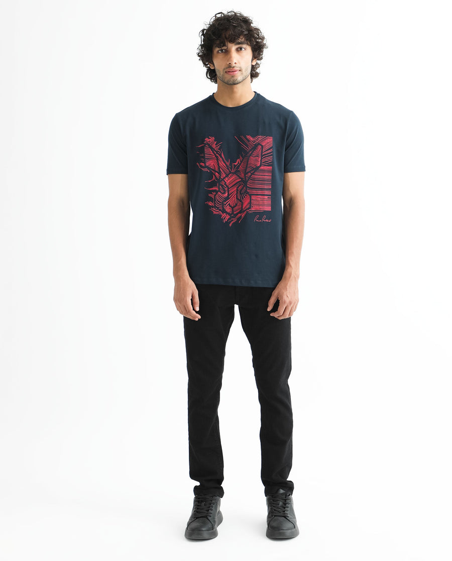 Rare Rabbit Men's Digiwaves 2 Navy Cotton Graphic Print Slim Fit Half Sleeve Crew Neck T-Shirt