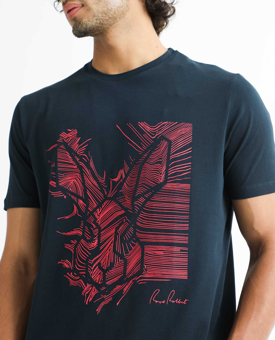 Rare Rabbit Men's Digiwaves 2 Navy Cotton Graphic Print Slim Fit Half Sleeve Crew Neck T-Shirt