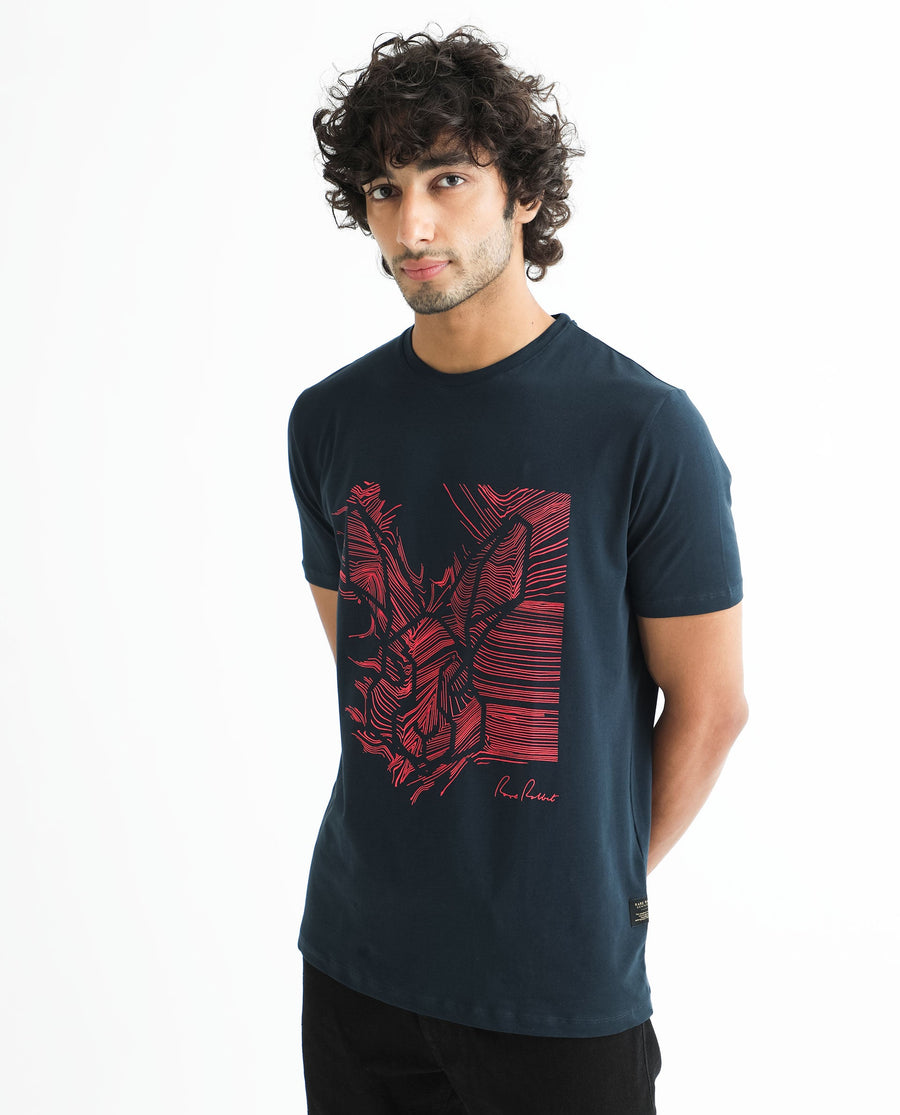 Rare Rabbit Men's Digiwaves 2 Navy Cotton Graphic Print Slim Fit Half Sleeve Crew Neck T-Shirt