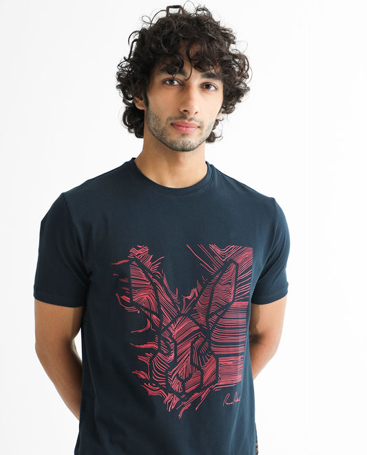 Rare Rabbit Men's Digiwaves 2 Navy Cotton Graphic Print Slim Fit Half Sleeve Crew Neck T-Shirt