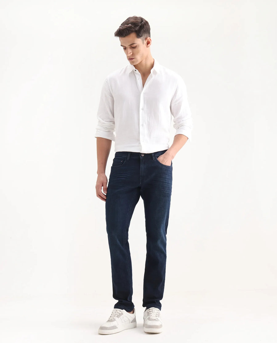 Rare Rabbit Men's Digo Dark Navy Cotton Blend Plain Hawk Slim Fit Jeans