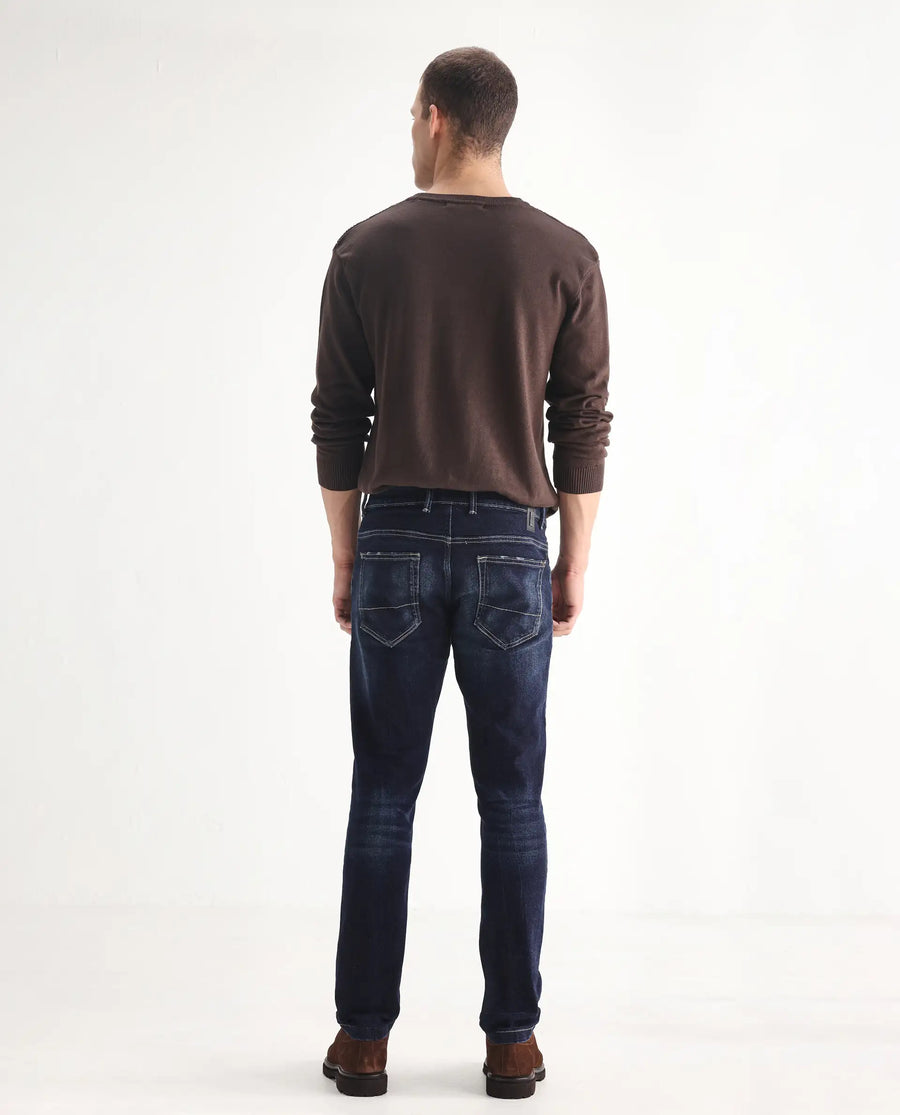 Rare Rabbit Men's Dili Dusky Navy Cotton Blend Plain Hawk Slim Fit Jeans