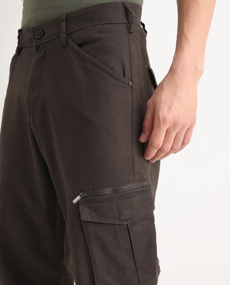 Rare Rabbit Men's Dima Dark Brown Cotton Plain Regular Fit Trouser