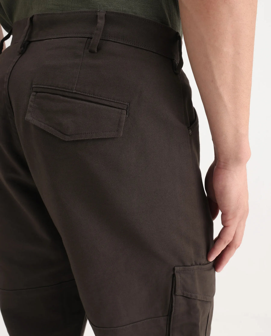 Rare Rabbit Men's Dima Dark Brown Cotton Plain Regular Fit Trouser
