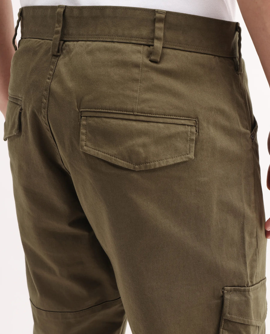 Rare Rabbit Men's Dima Dark Olive Cotton Plain Regular Fit Trouser