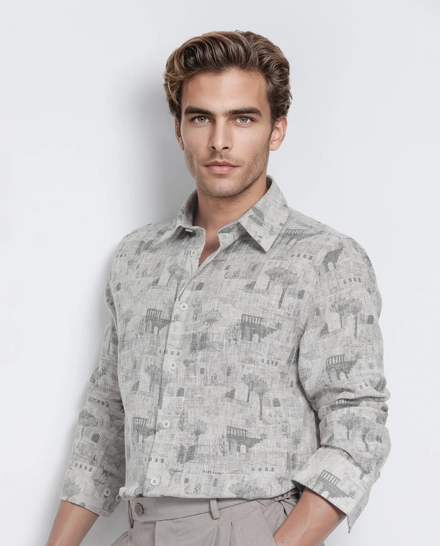 Rare Rabbit Men's Dine Khaki Cotton Printed Relaxed Fit Full Sleeve Collared Shirt