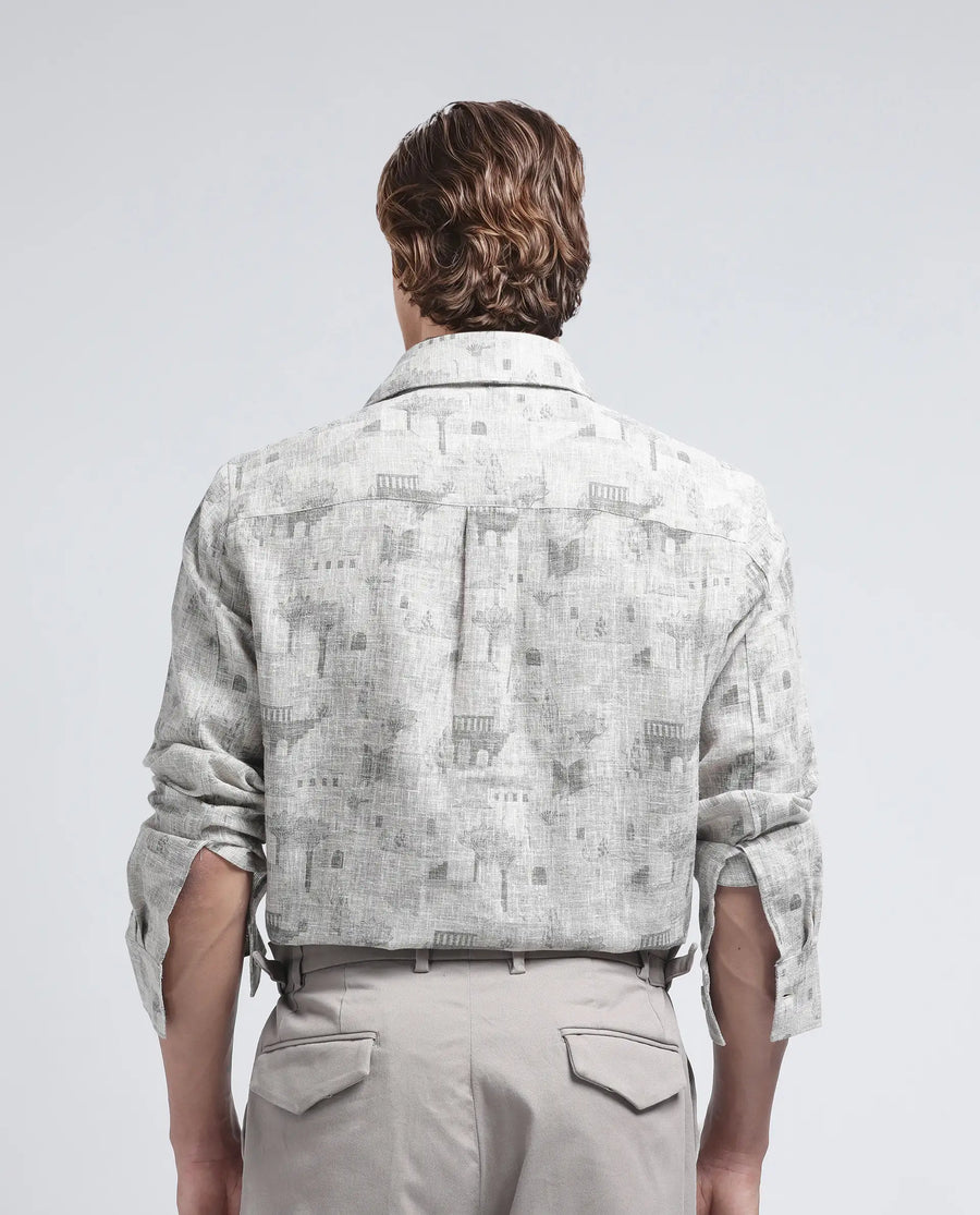 Rare Rabbit Men's Dine Khaki Cotton Printed Relaxed Fit Full Sleeve Collared Shirt
