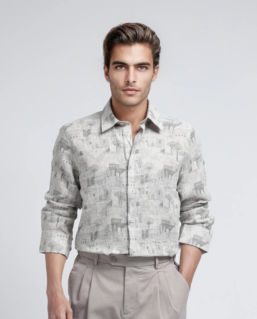 Rare Rabbit Men's Dine Khaki Cotton Printed Relaxed Fit Full Sleeve Collared Shirt