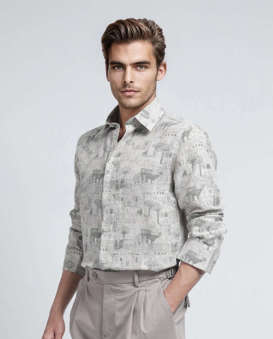 Rare Rabbit Men's Dine Khaki Cotton Printed Relaxed Fit Full Sleeve Collared Shirt