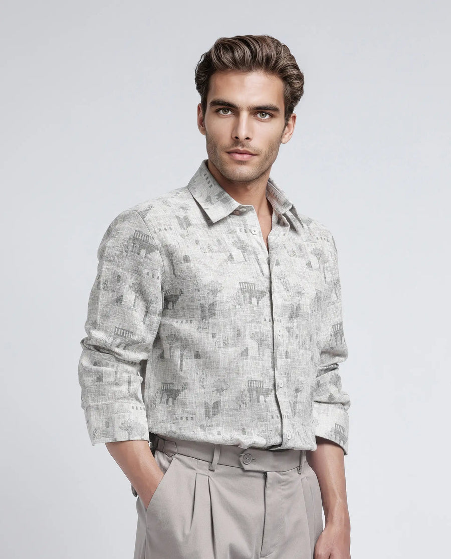 Rare Rabbit Men's Dine Khaki Cotton Printed Relaxed Fit Full Sleeve Collared Shirt