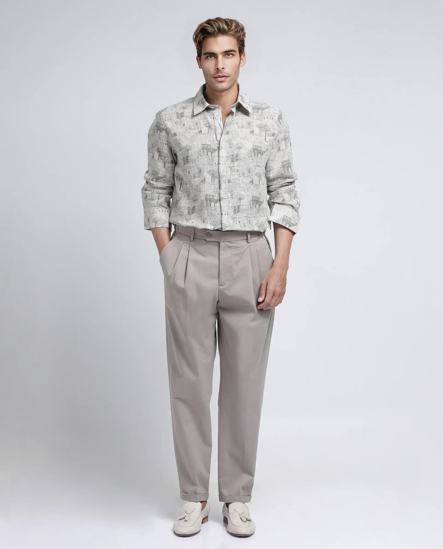 Rare Rabbit Men's Dine Khaki Cotton Printed Relaxed Fit Full Sleeve Collared Shirt