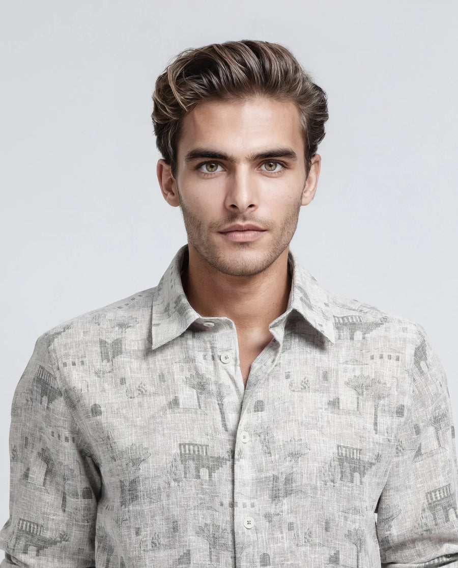 Rare Rabbit Men's Dine Khaki Cotton Printed Relaxed Fit Full Sleeve Collared Shirt