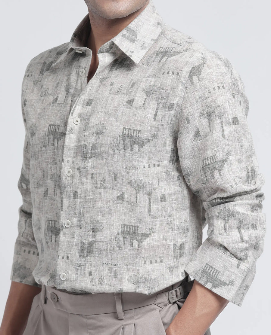 Rare Rabbit Men's Dine Khaki Cotton Printed Relaxed Fit Full Sleeve Collared Shirt