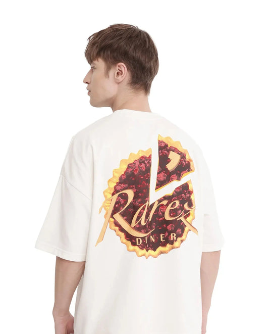 Rare Rabbit Men's Diner Off White Cotton Graphic Print Oversized Fit Half Sleeve Crew Neck T-Shirt