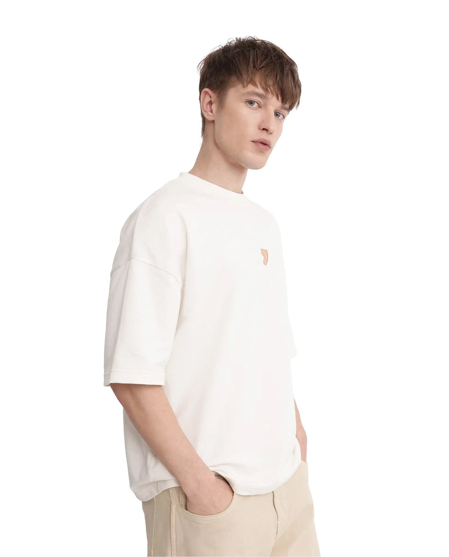 Rare Rabbit Men's Diner Off White Cotton Graphic Print Oversized Fit Half Sleeve Crew Neck T-Shirt
