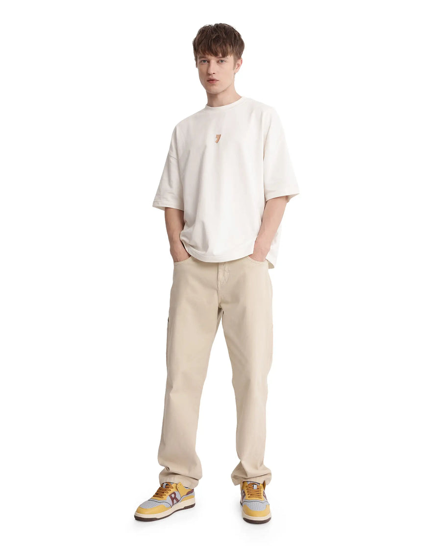 Rare Rabbit Men's Diner Off White Cotton Graphic Print Oversized Fit Half Sleeve Crew Neck T-Shirt