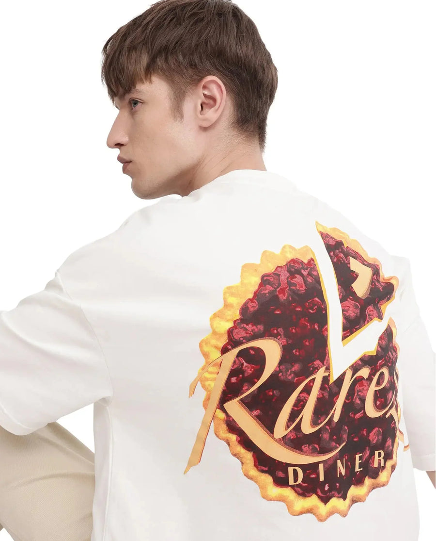 Rare Rabbit Men's Diner Off White Cotton Graphic Print Oversized Fit Half Sleeve Crew Neck T-Shirt