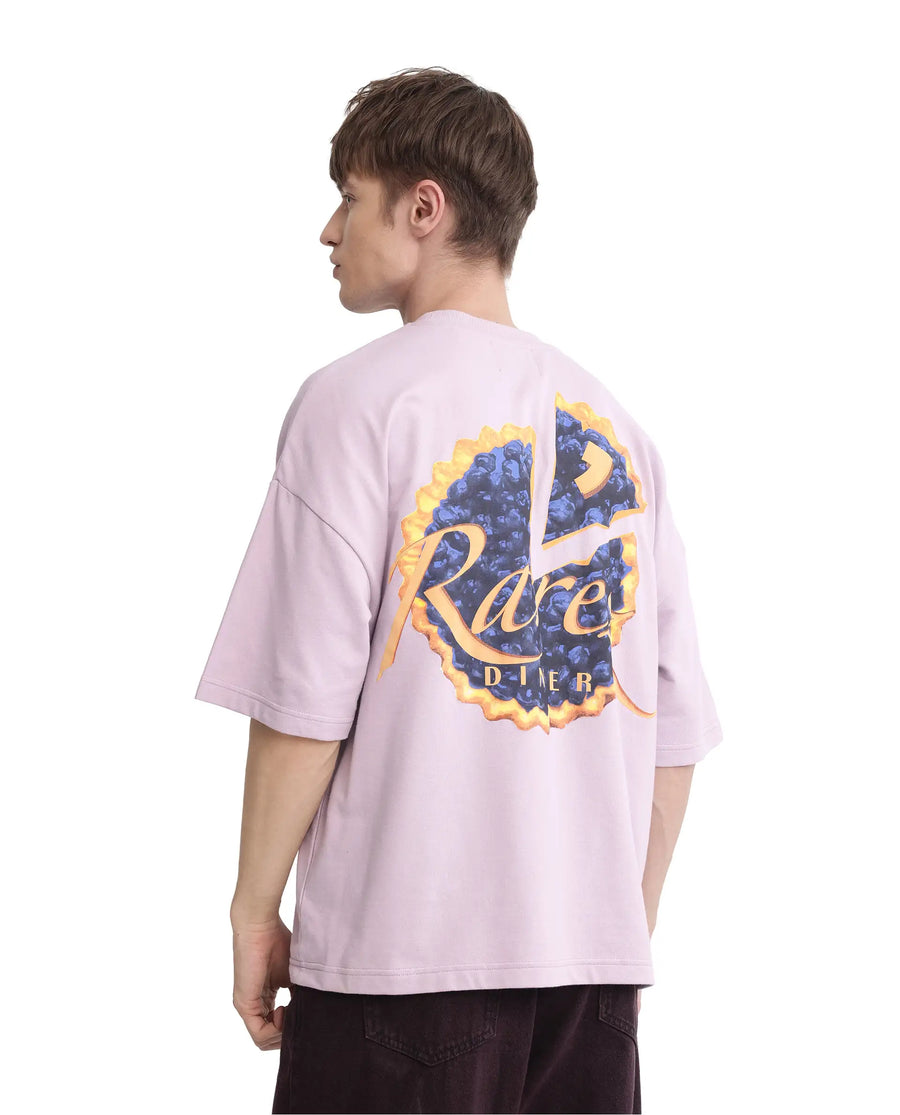 Rare Rabbit Men's Diner Pastel Purple Cotton Graphic Print Oversized Fit Half Sleeve Crew Neck T-Shirt