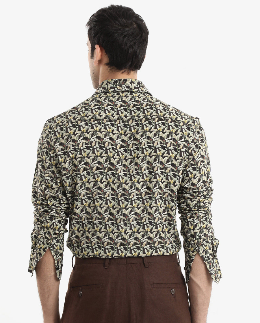 Rare Rabbit Men's Diphda Dark Brown Viscose Tropical Print Regular Fit Full Sleeve Spread Collar Shirt