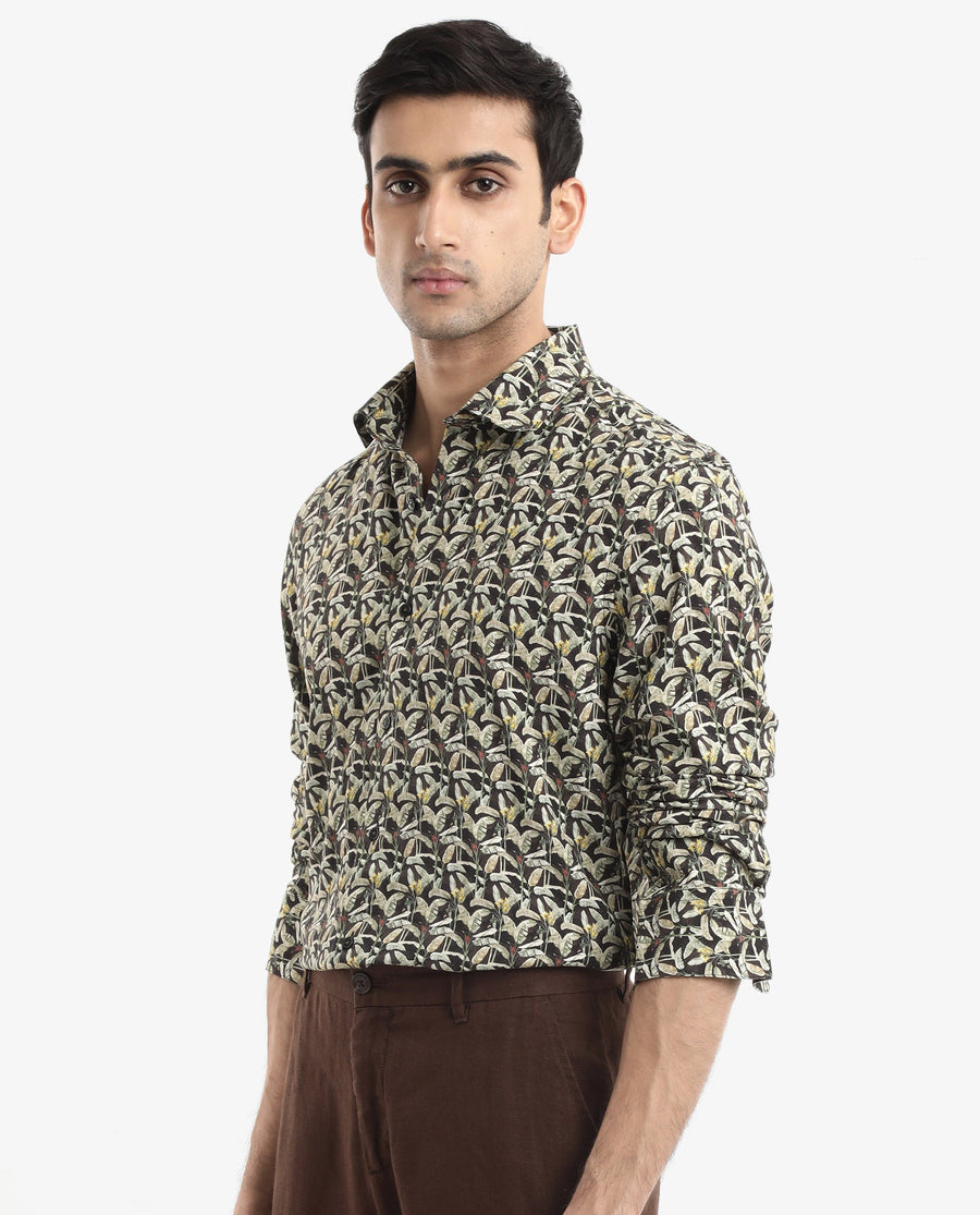 Rare Rabbit Men's Diphda Dark Brown Viscose Tropical Print Regular Fit Full Sleeve Spread Collar Shirt