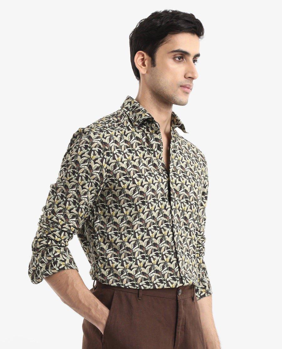Rare Rabbit Men's Diphda Dark Brown Viscose Tropical Print Regular Fit Full Sleeve Spread Collar Shirt
