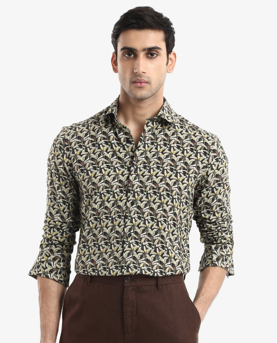 Rare Rabbit Men's Diphda Dark Brown Viscose Tropical Print Regular Fit Full Sleeve Spread Collar Shirt