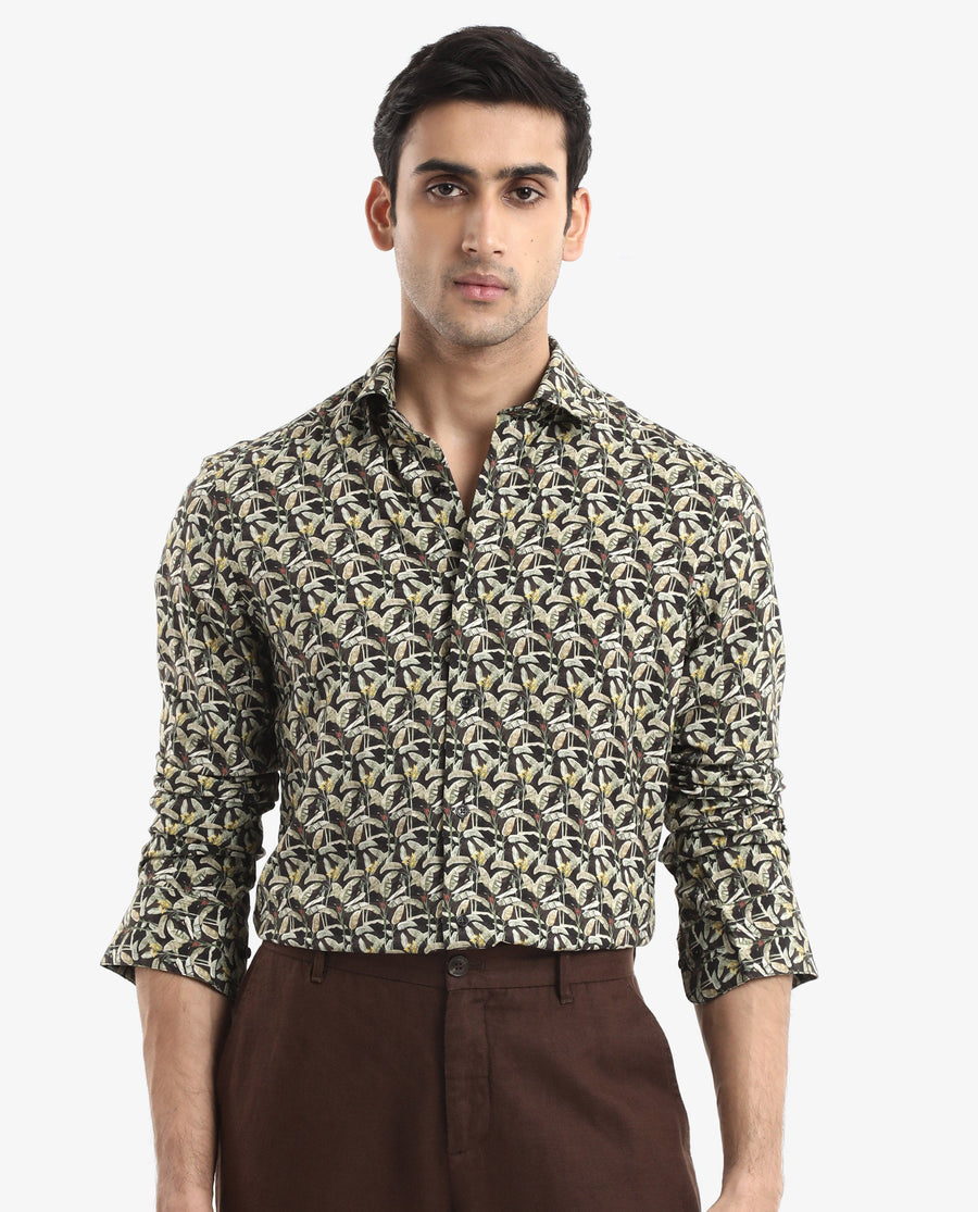 Rare Rabbit Men's Diphda Dark Brown Viscose Tropical Print Regular Fit Full Sleeve Spread Collar Shirt
