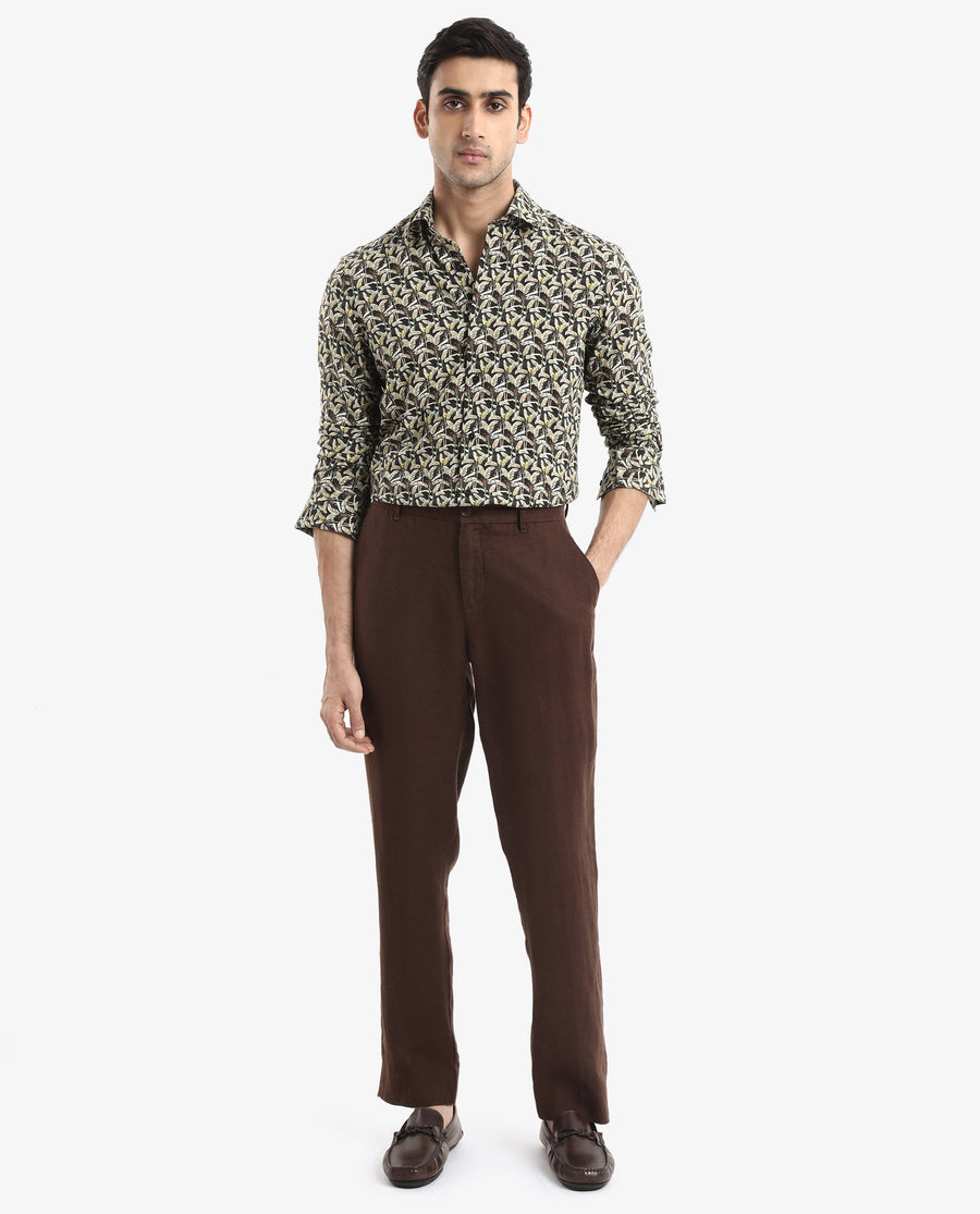 Rare Rabbit Men's Diphda Dark Brown Viscose Tropical Print Regular Fit Full Sleeve Spread Collar Shirt