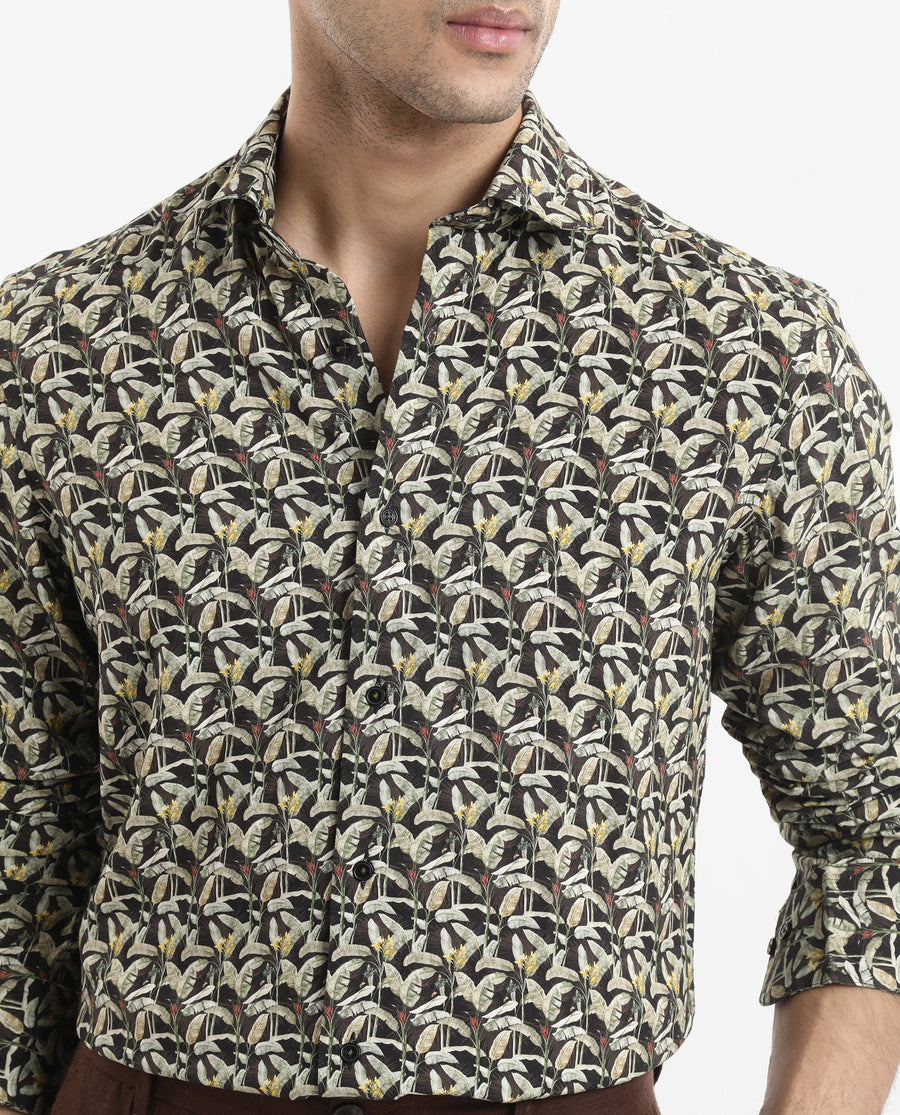 Rare Rabbit Men's Diphda Dark Brown Viscose Tropical Print Regular Fit Full Sleeve Spread Collar Shirt