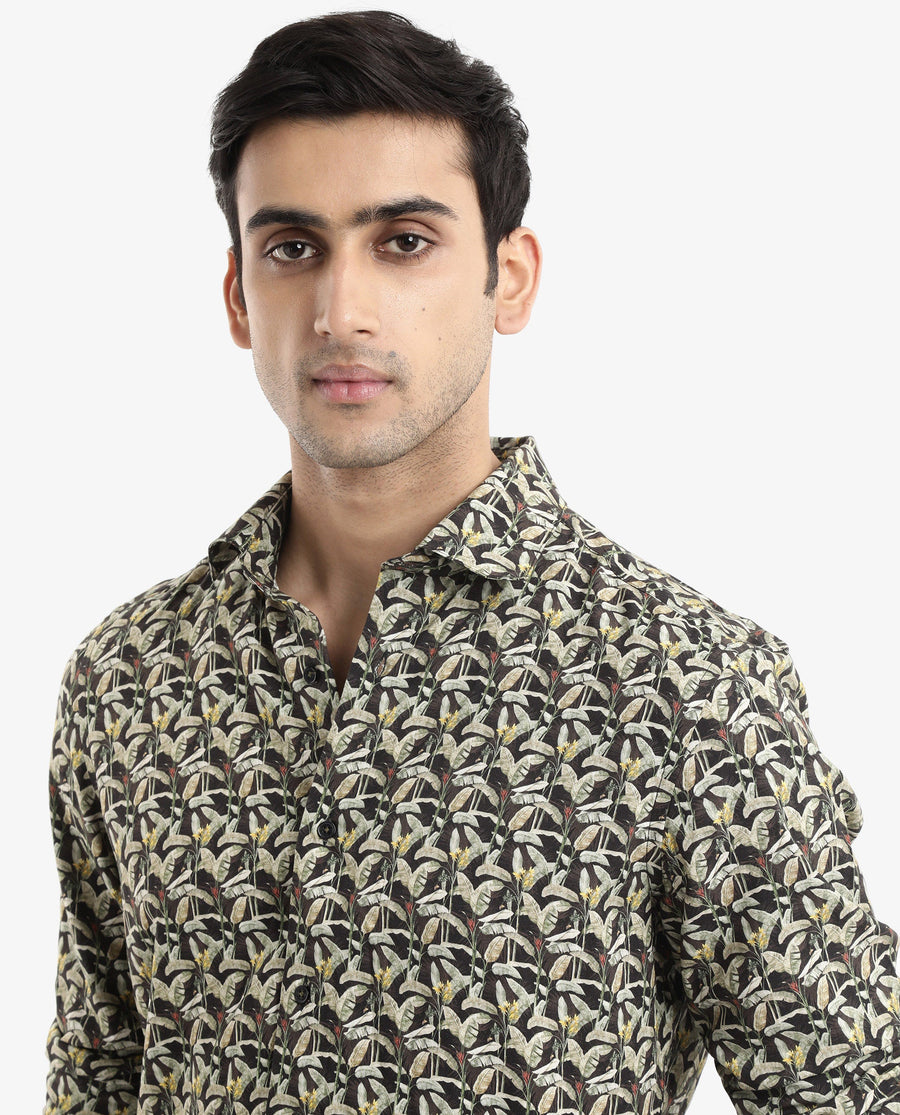 Rare Rabbit Men's Diphda Dark Brown Viscose Tropical Print Regular Fit Full Sleeve Spread Collar Shirt