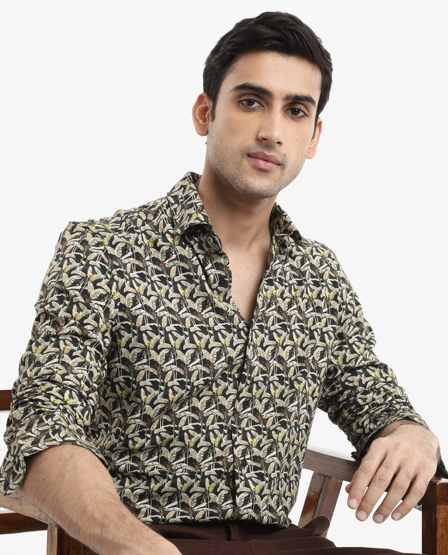 Rare Rabbit Men's Diphda Dark Brown Viscose Tropical Print Regular Fit Full Sleeve Spread Collar Shirt