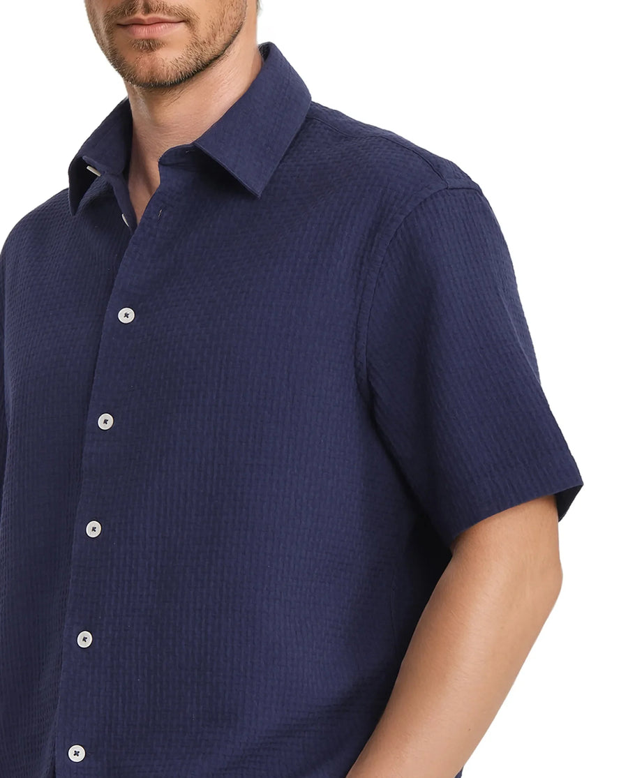 Rare Rabbit Men's Dira Dark Blue Cotton Textured Regular Fit Half Sleeve Collared Shirt