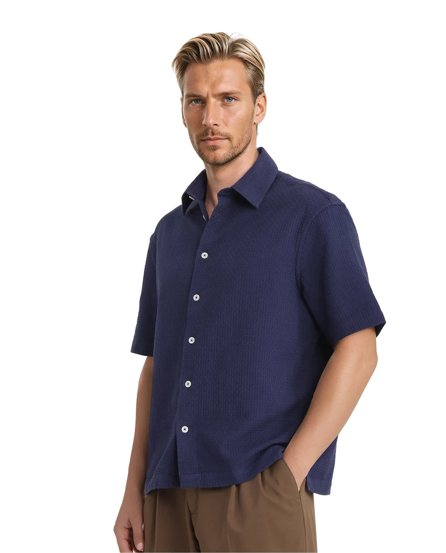Rare Rabbit Men's Dira Dark Blue Cotton Textured Regular Fit Half Sleeve Collared Shirt