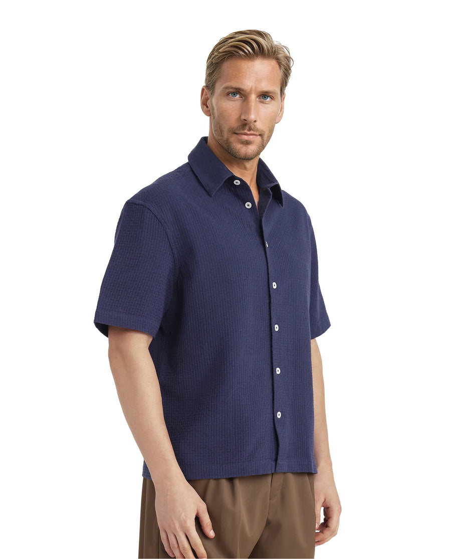 Rare Rabbit Men's Dira Dark Blue Cotton Textured Regular Fit Half Sleeve Collared Shirt