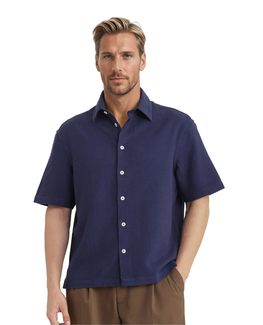 Rare Rabbit Men's Dira Dark Blue Cotton Textured Regular Fit Half Sleeve Collared Shirt