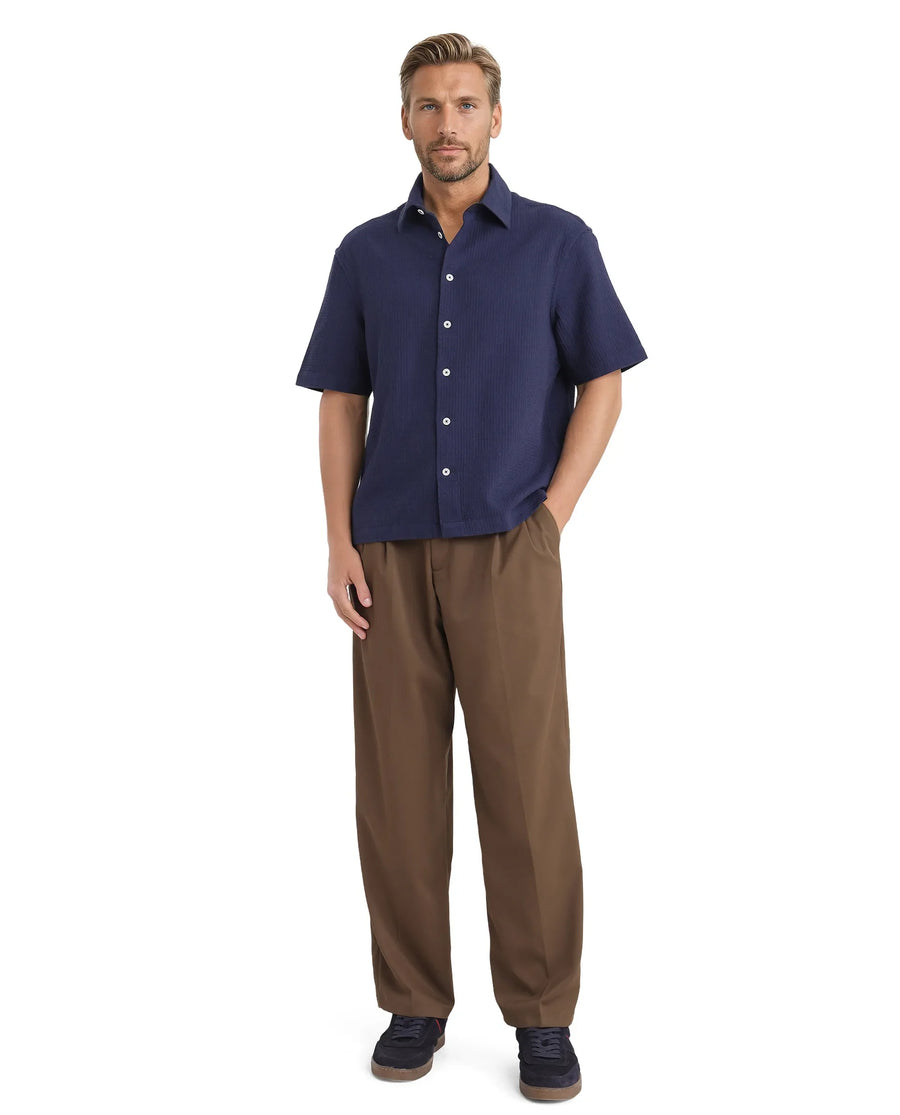 Rare Rabbit Men's Dira Dark Blue Cotton Textured Regular Fit Half Sleeve Collared Shirt