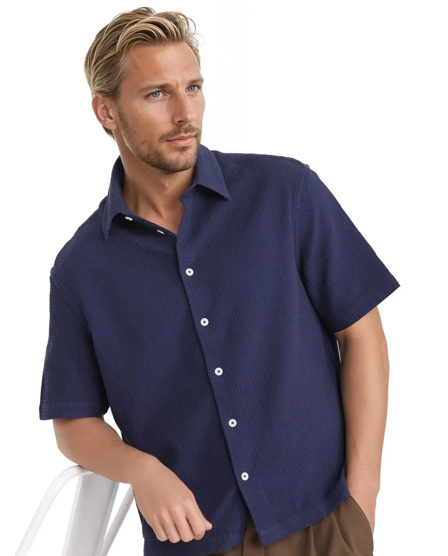 Rare Rabbit Men's Dira Dark Blue Cotton Textured Regular Fit Half Sleeve Collared Shirt