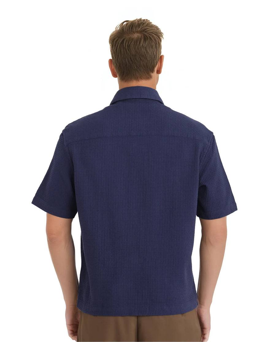 Rare Rabbit Men's Dira Dark Blue Cotton Textured Regular Fit Half Sleeve Collared Shirt