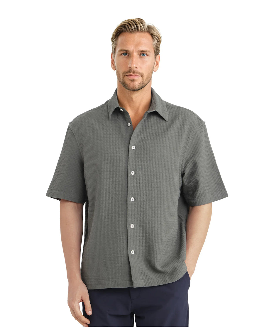 Rare Rabbit Men's Dira Dark Green Cotton Textured Boxy Fit Half Sleeve Collared Shirt